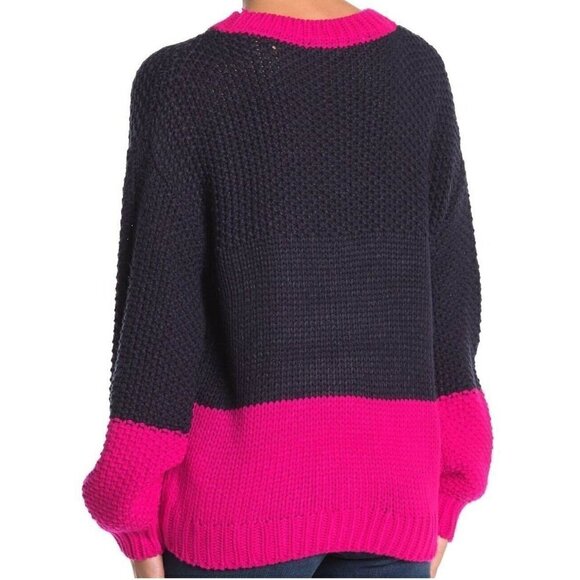 NWT Elodie Chunky Knit Colorblock Crew-Neck Pullover Sweater Blue/Pink Womens XS - Picture 2 of 7